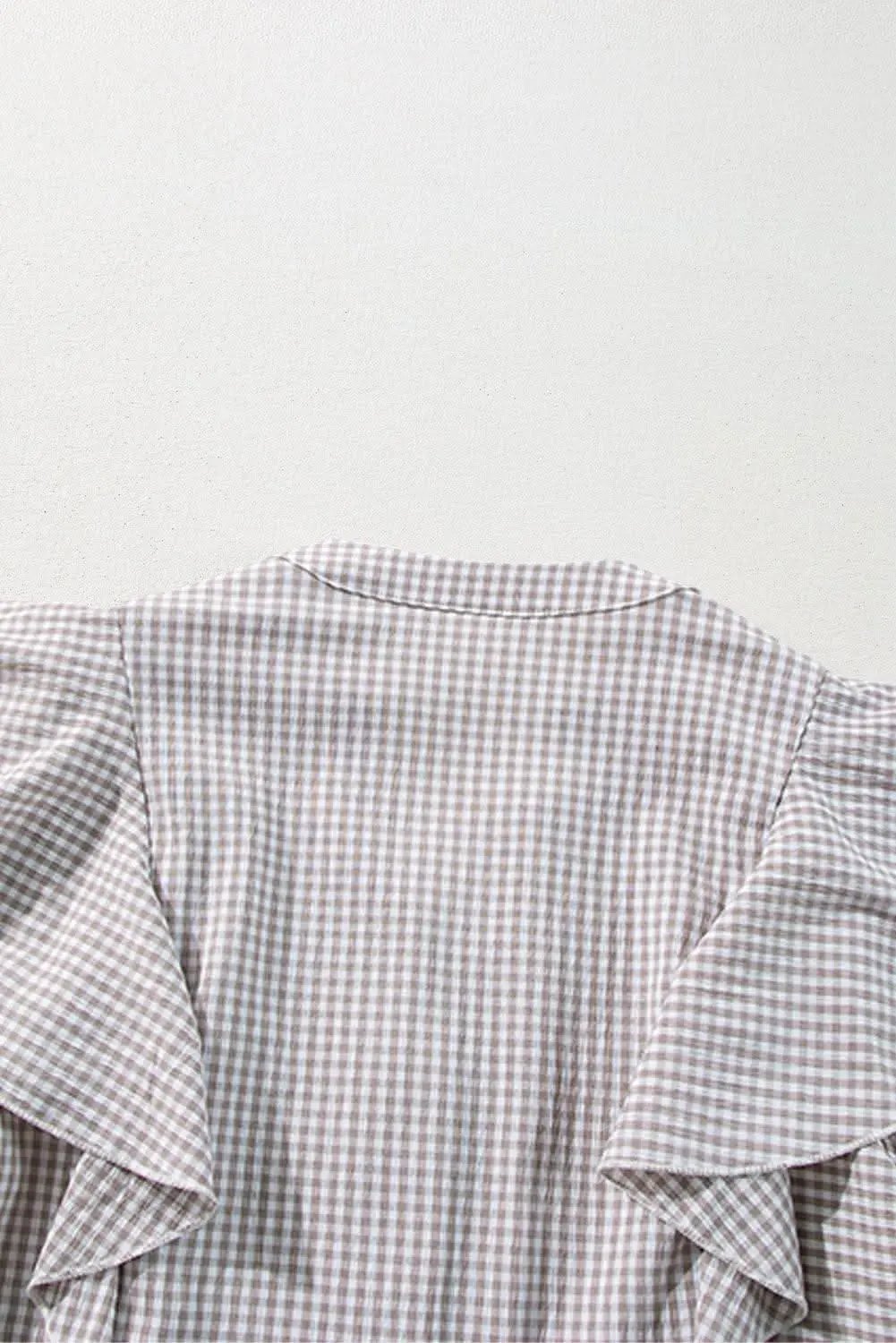 Brown Plaid Flounce Sleeve Notched Neck Ruffled Shirt - Love Salve